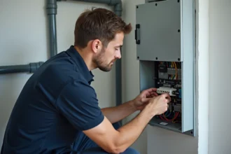 Technicien inspectant un tableau électrique avec protection contre les surtensions dans une maison connectée