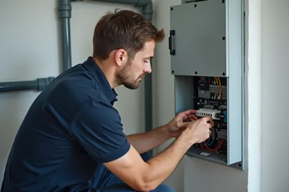 Technicien inspectant un tableau électrique avec protection contre les surtensions dans une maison connectée
