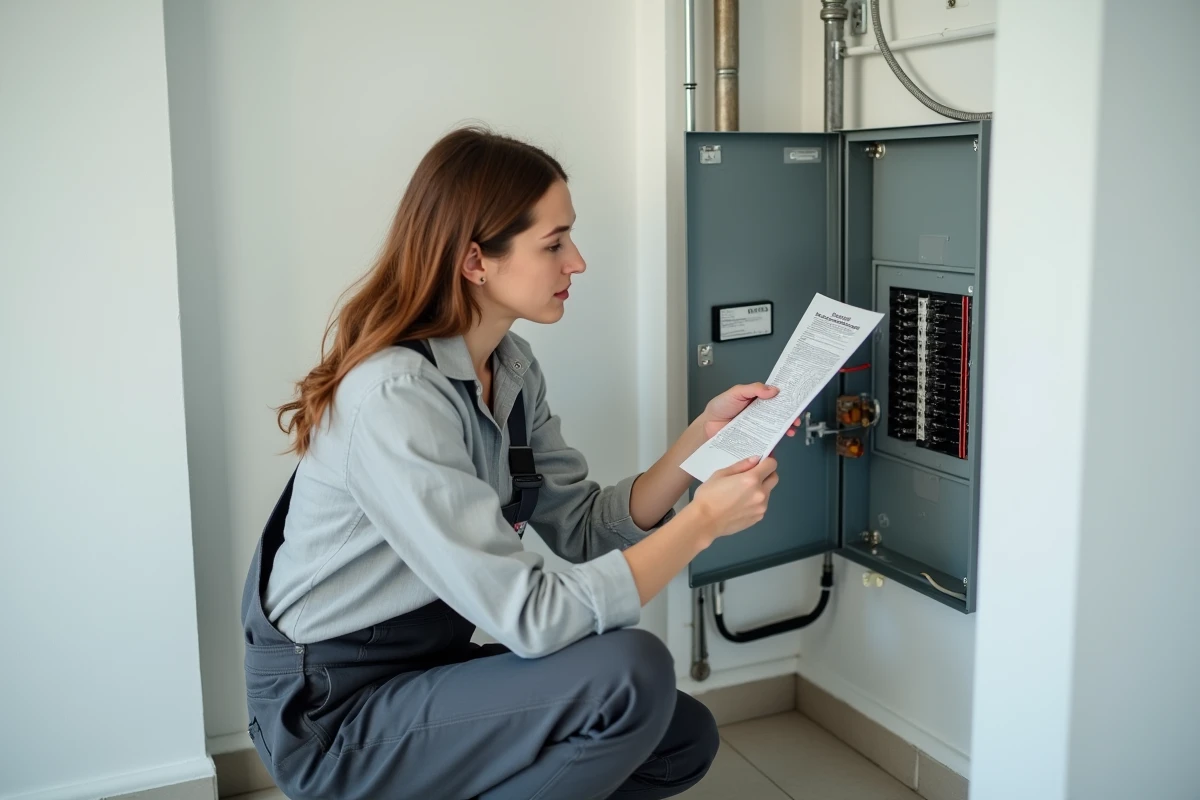 Femme technicienne consultant un plan de câblage devant un tableau électrique avec connecteur araignée installé