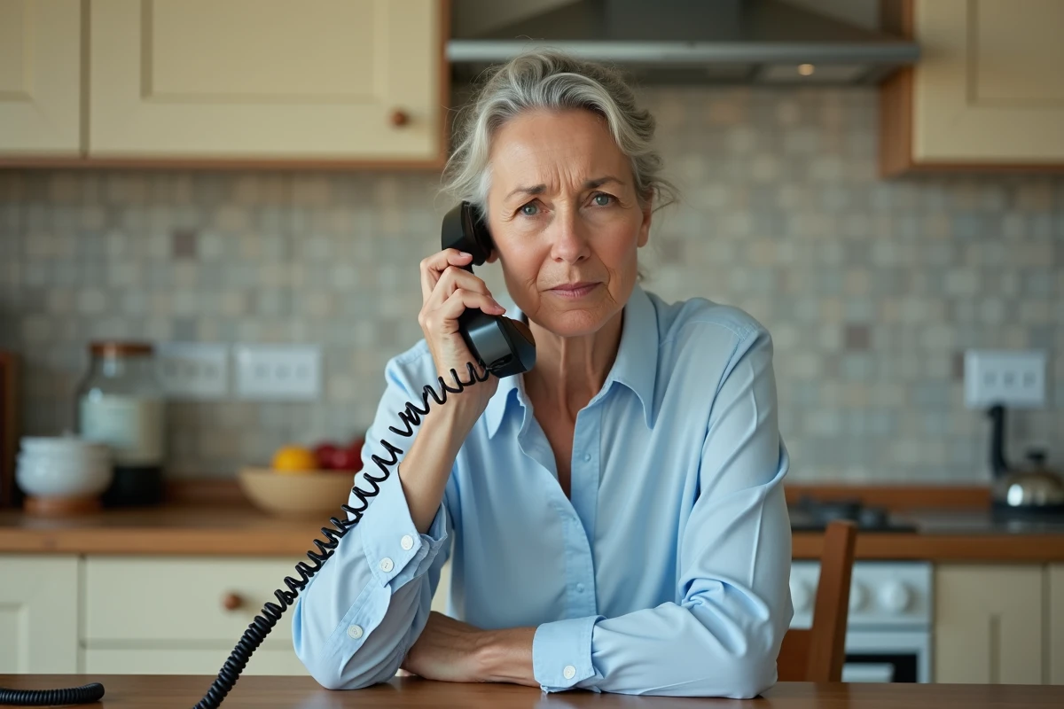 Femme utilisant un téléphone fixe grésillement à l'oreille avec prise murale visible en cuisine