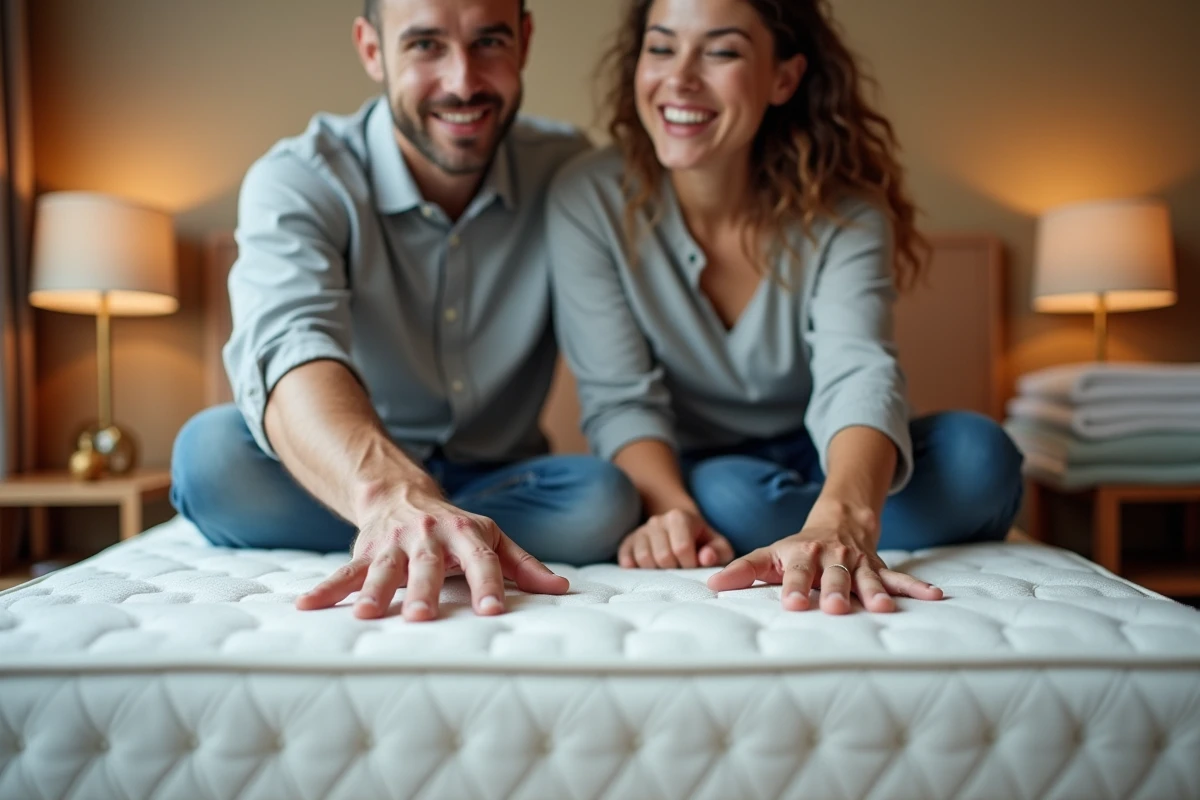 Couple testant la fermeté et le maintien d'un matelas Duvivier dans une chambre aménagée au quotidien