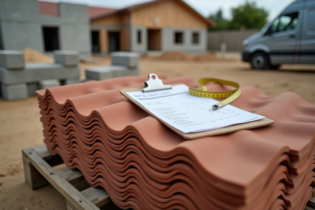 Pile de tuiles neuves sur chantier avec devis et mètre ruban, représentant le coût au m2 d'une toiture en tuiles