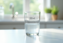 Verre mesureur d'eau sur plan de travail blanc