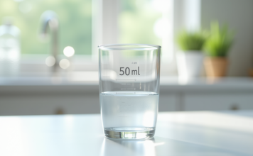 Verre mesureur d'eau sur plan de travail blanc