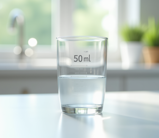 Verre mesureur d'eau sur plan de travail blanc