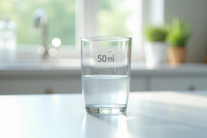Verre mesureur d'eau sur plan de travail blanc