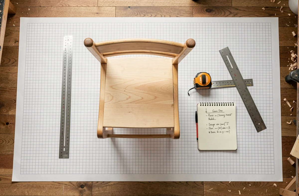 Vue du dessus d'une chaise en bois sur papier millimétré avec mètre ruban et équerre pour prise de mesures