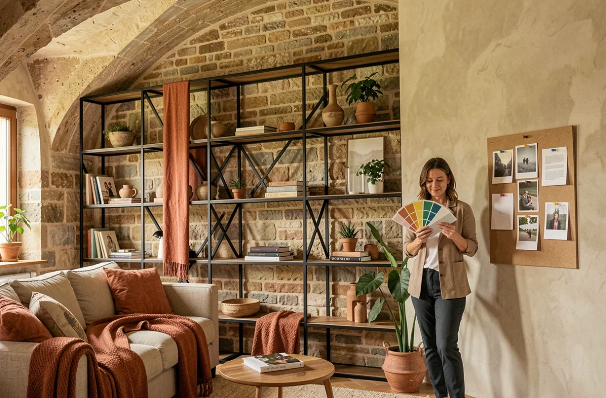 Décoratrice d'intérieur en Seine-et-Marne présentant un intérieur contemporain avec mur en pierre apparente et étagères en acier noir